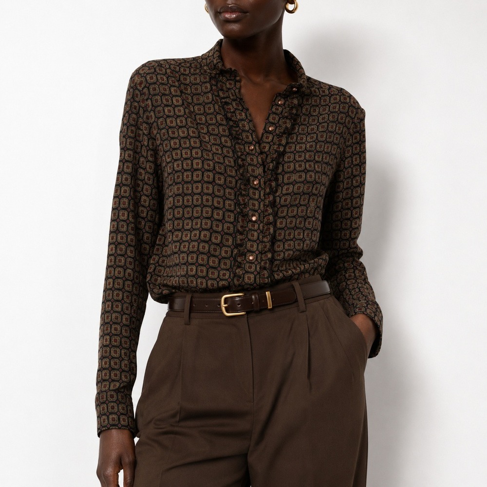70s Vintage Ruffle Front Geometric Blouse Womens 4 Black Tan Red Jones New York
